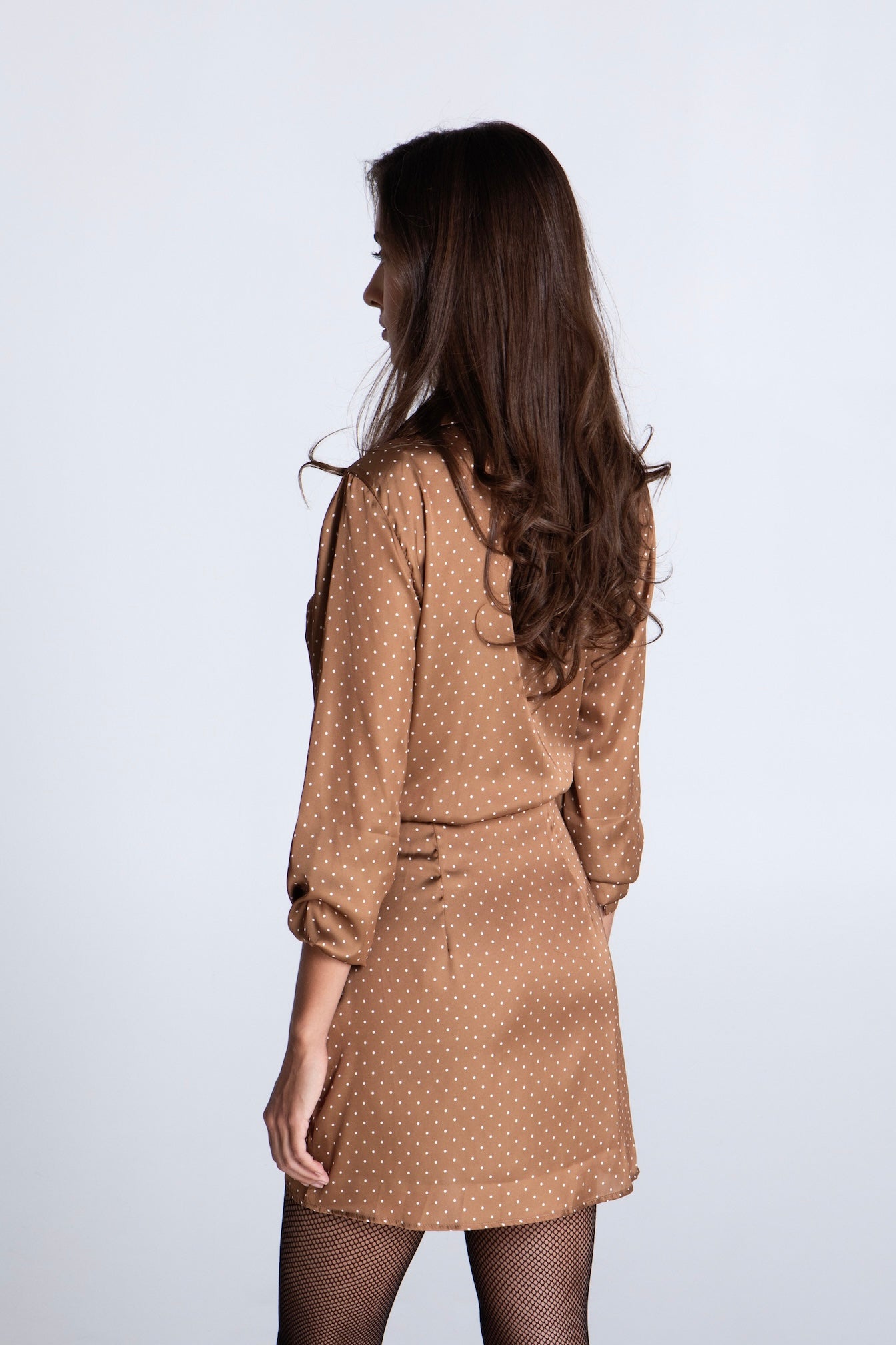 CARAMEL POLKA DOTS MINI SATIN DRESS