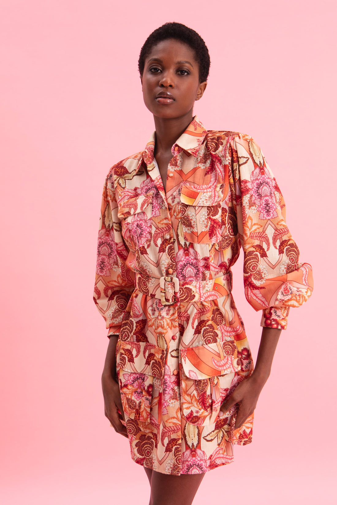 FLORAL SAFARI MINI LINEN DRESS WITH BELT