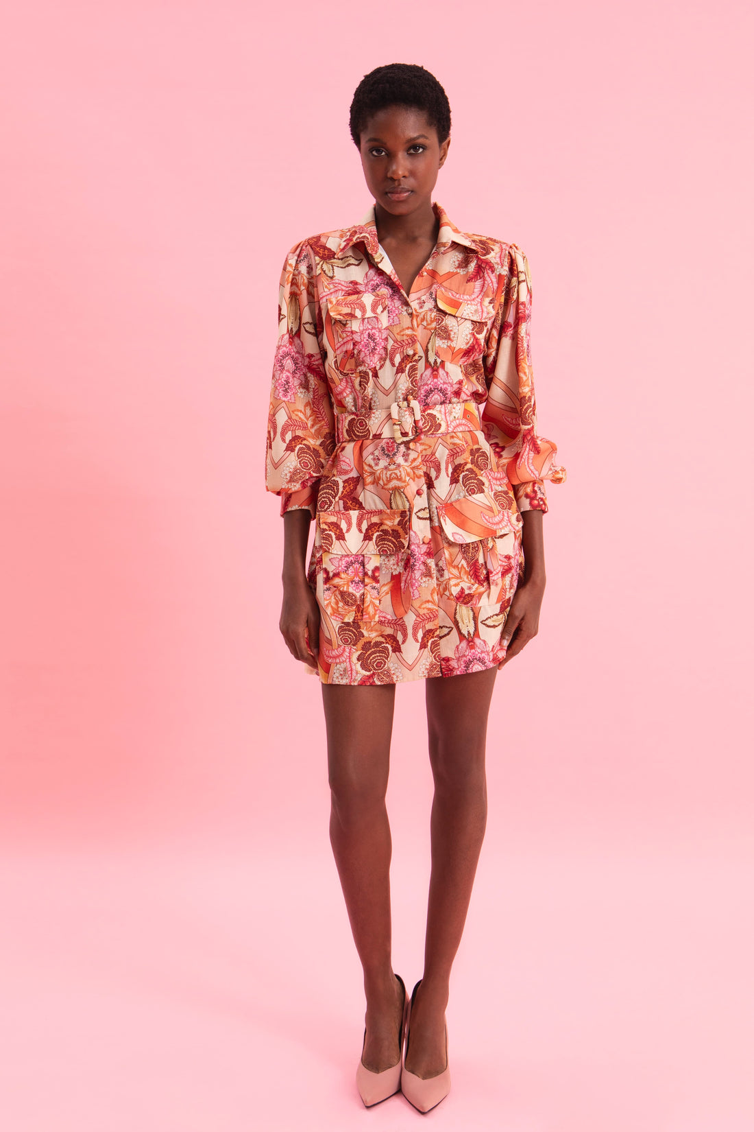 FLORAL SAFARI MINI LINEN DRESS WITH BELT