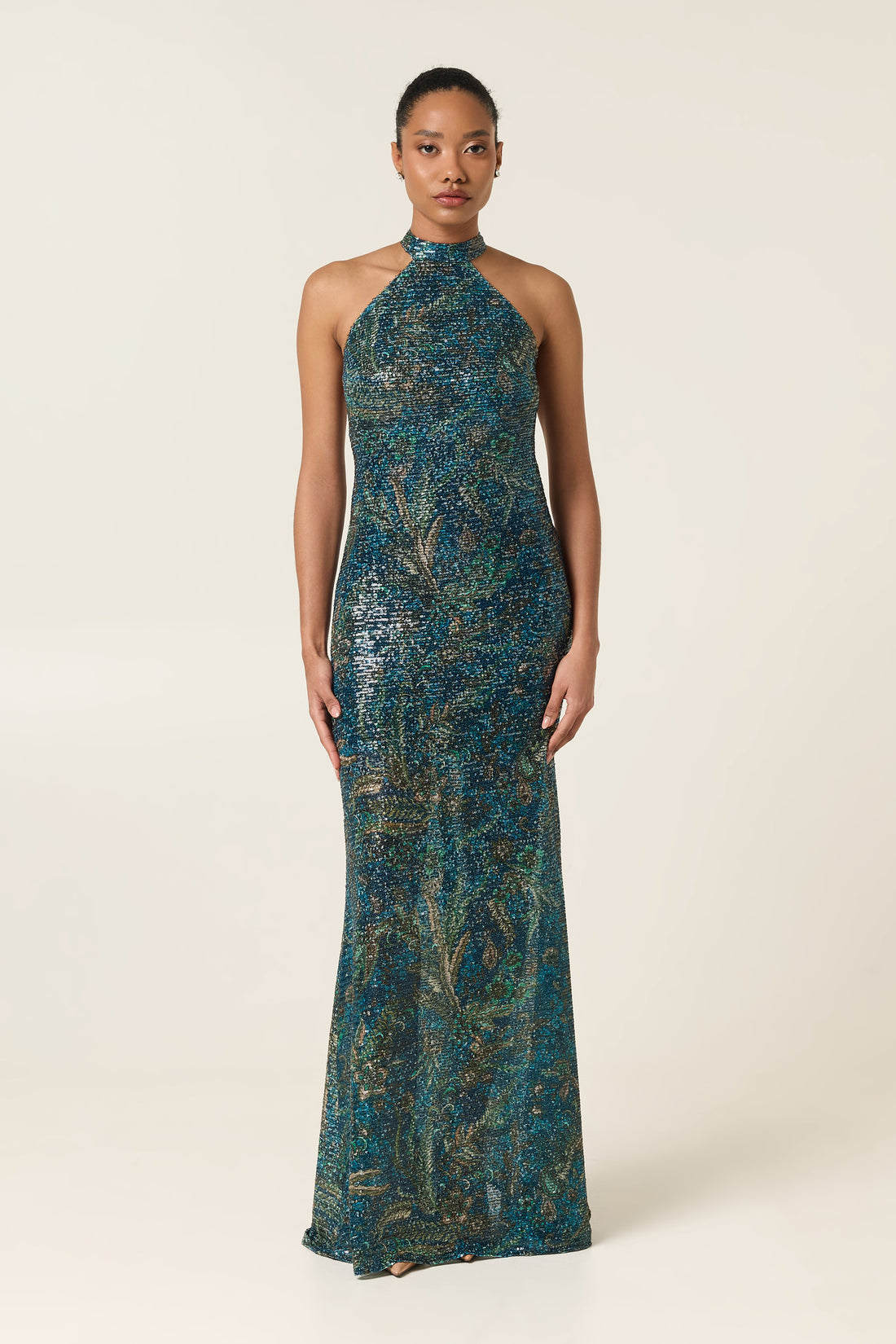 RICH TEAL SCULPT SEQUINED MAXI DRESS