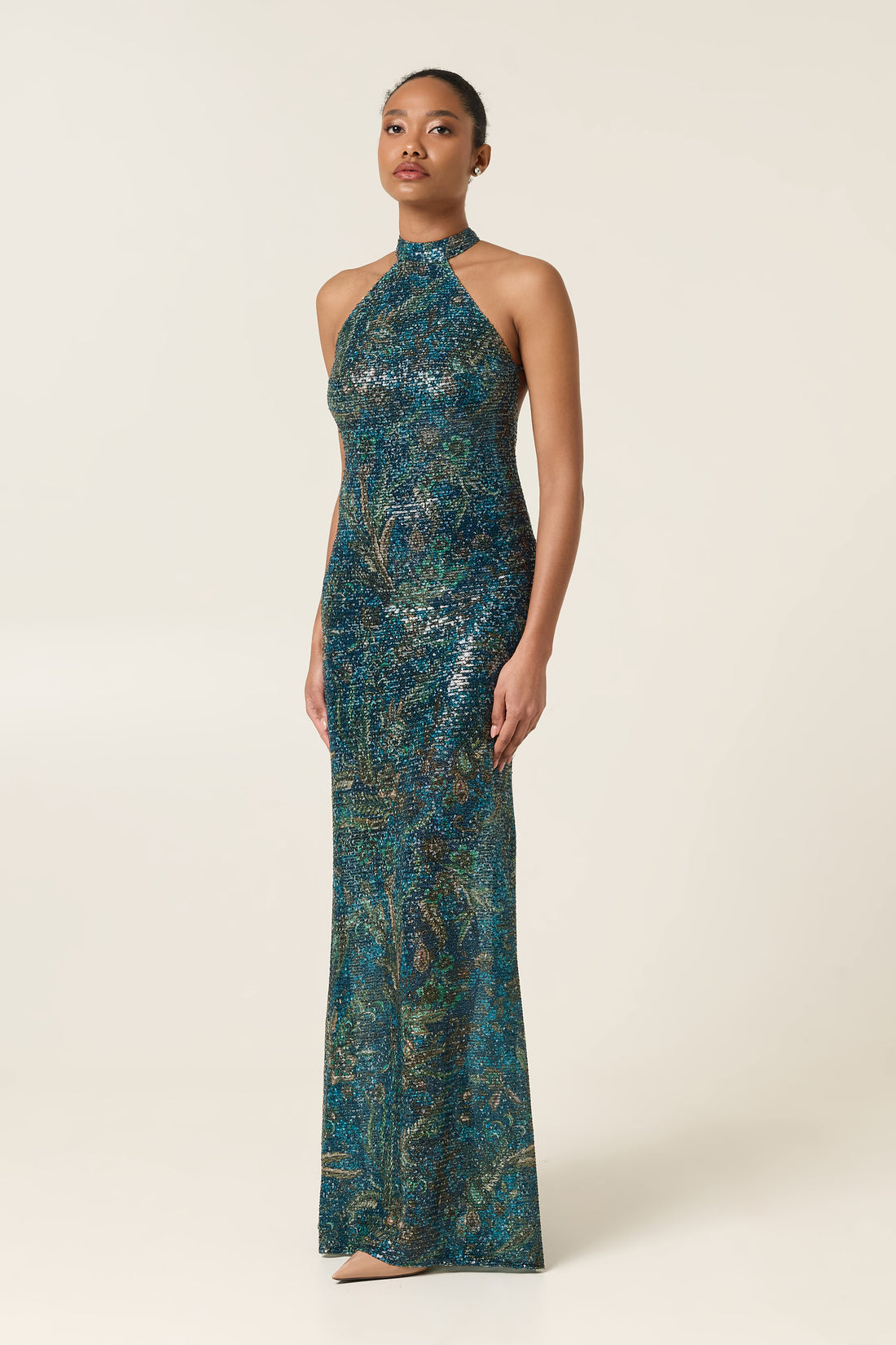 RICH TEAL SCULPT SEQUINED MAXI DRESS