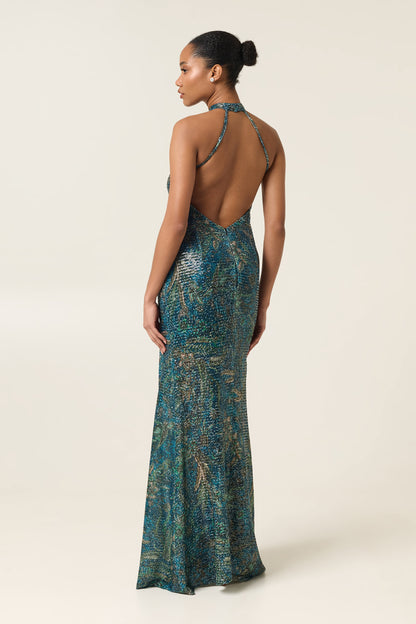 RICH TEAL SCULPT SEQUINED MAXI DRESS