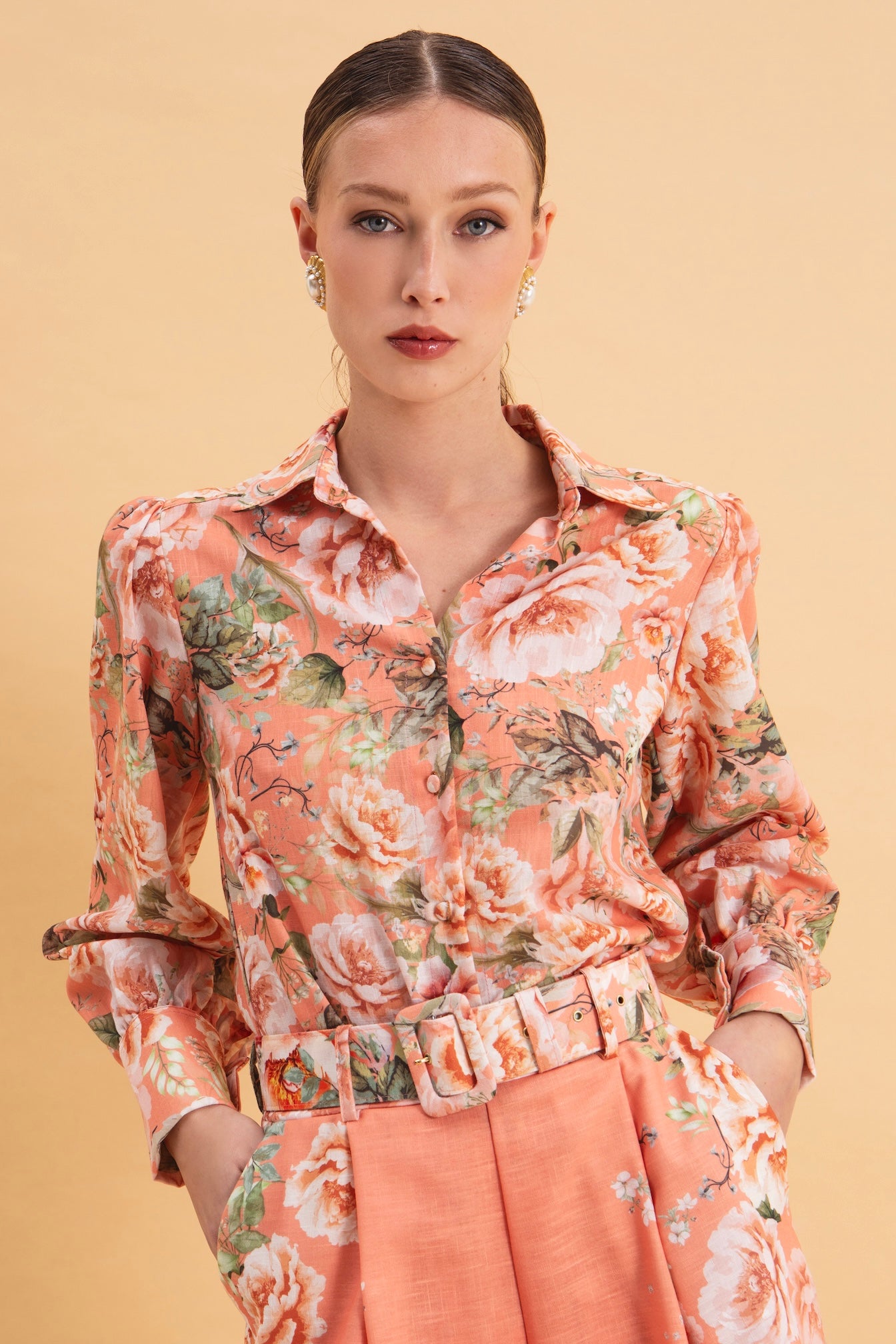 PEACH POETRY HIGH WAISTED LINEN SHORTS WITH BELT