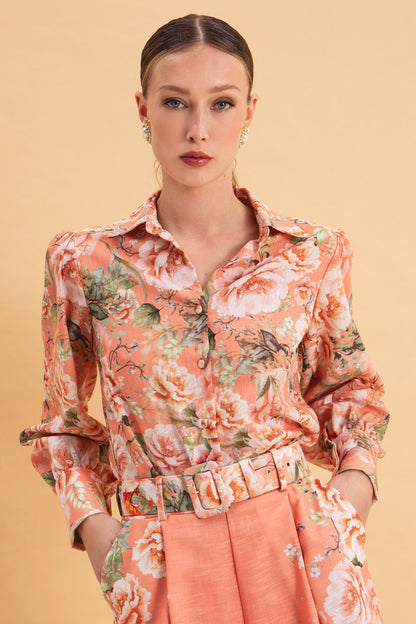 PEACH POETRY HIGH WAISTED LINEN SHORTS WITH BELT