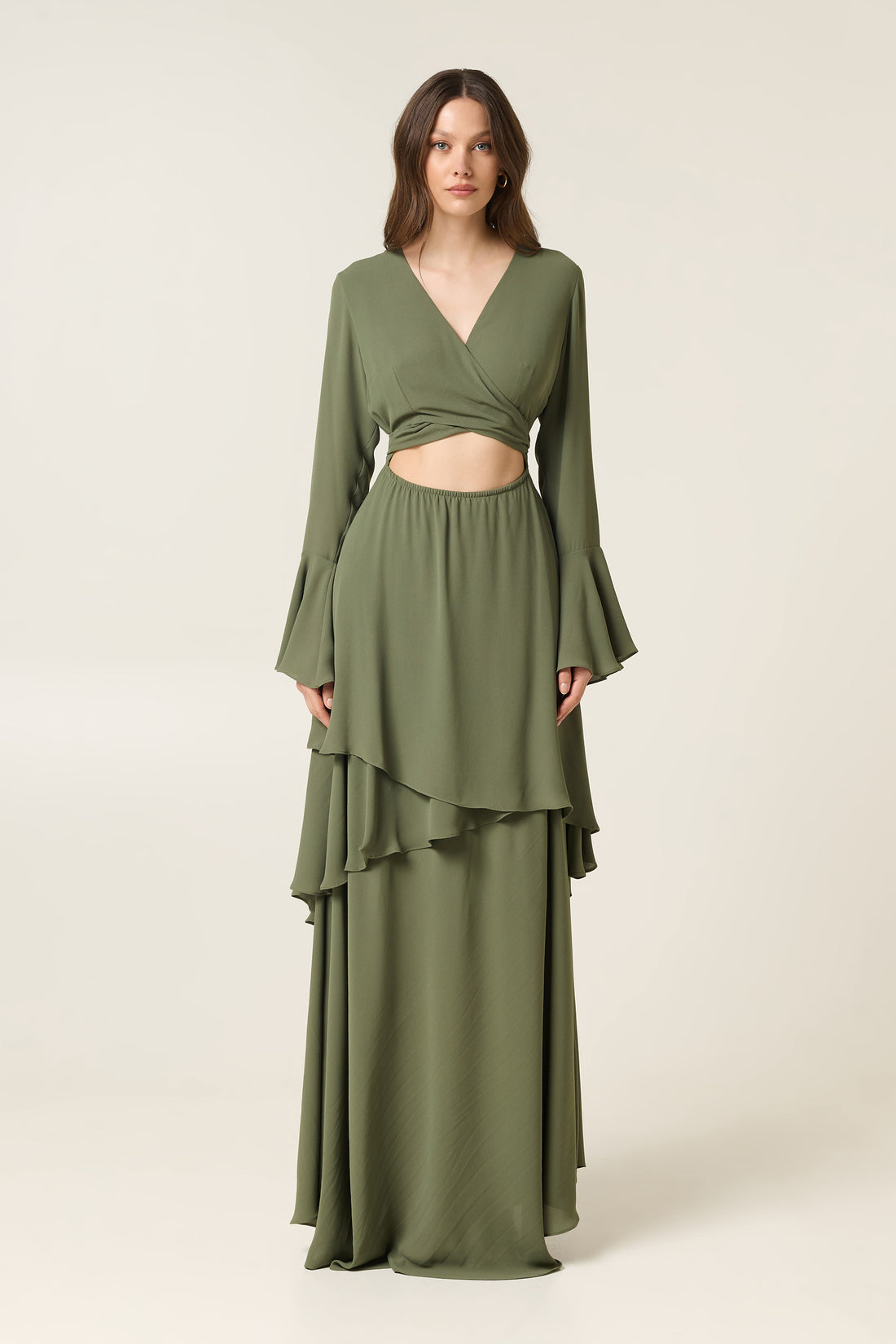 OLIVE MAXI DRESS WITH RUFFLES