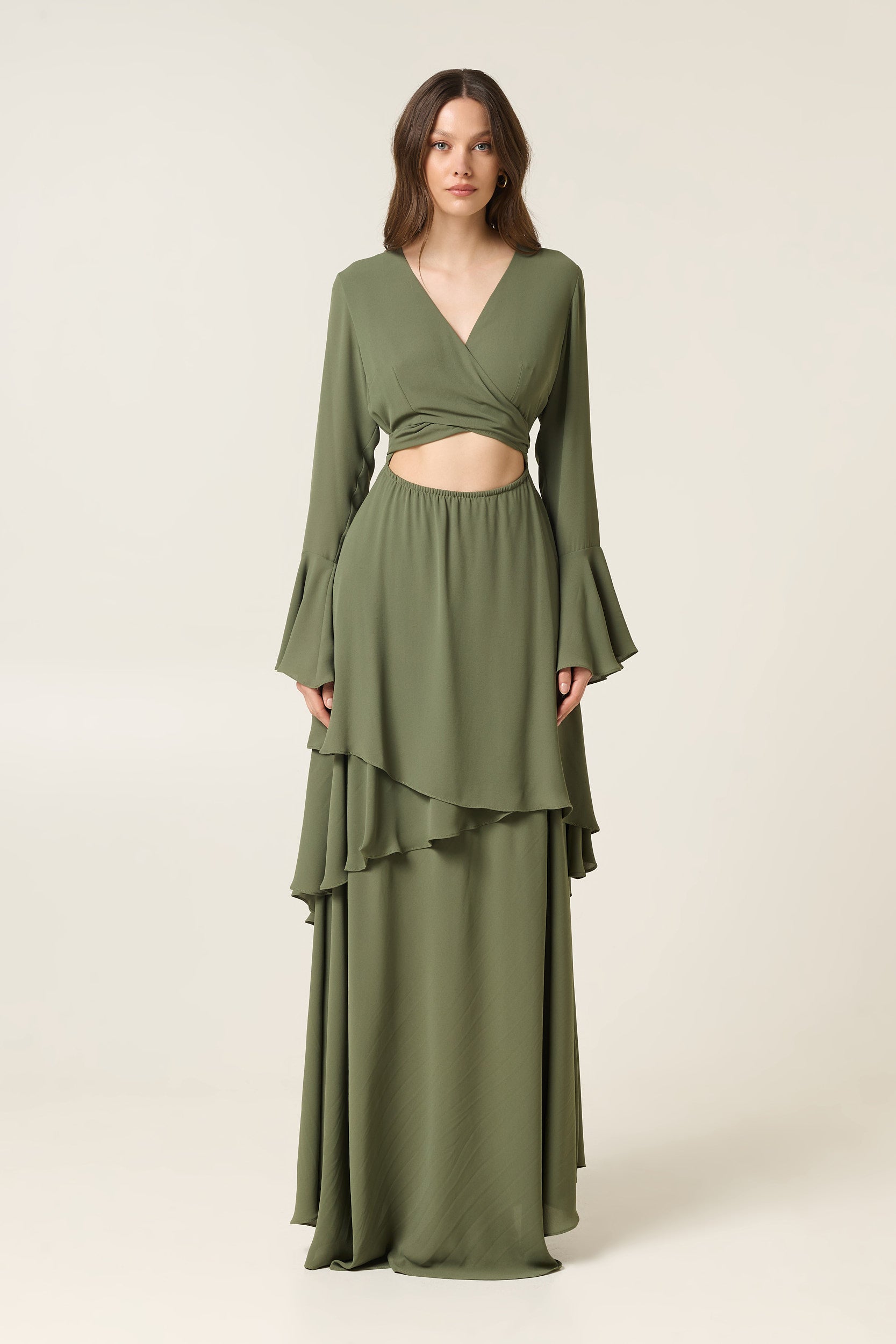 OLIVE MAXI DRESS WITH RUFFLES