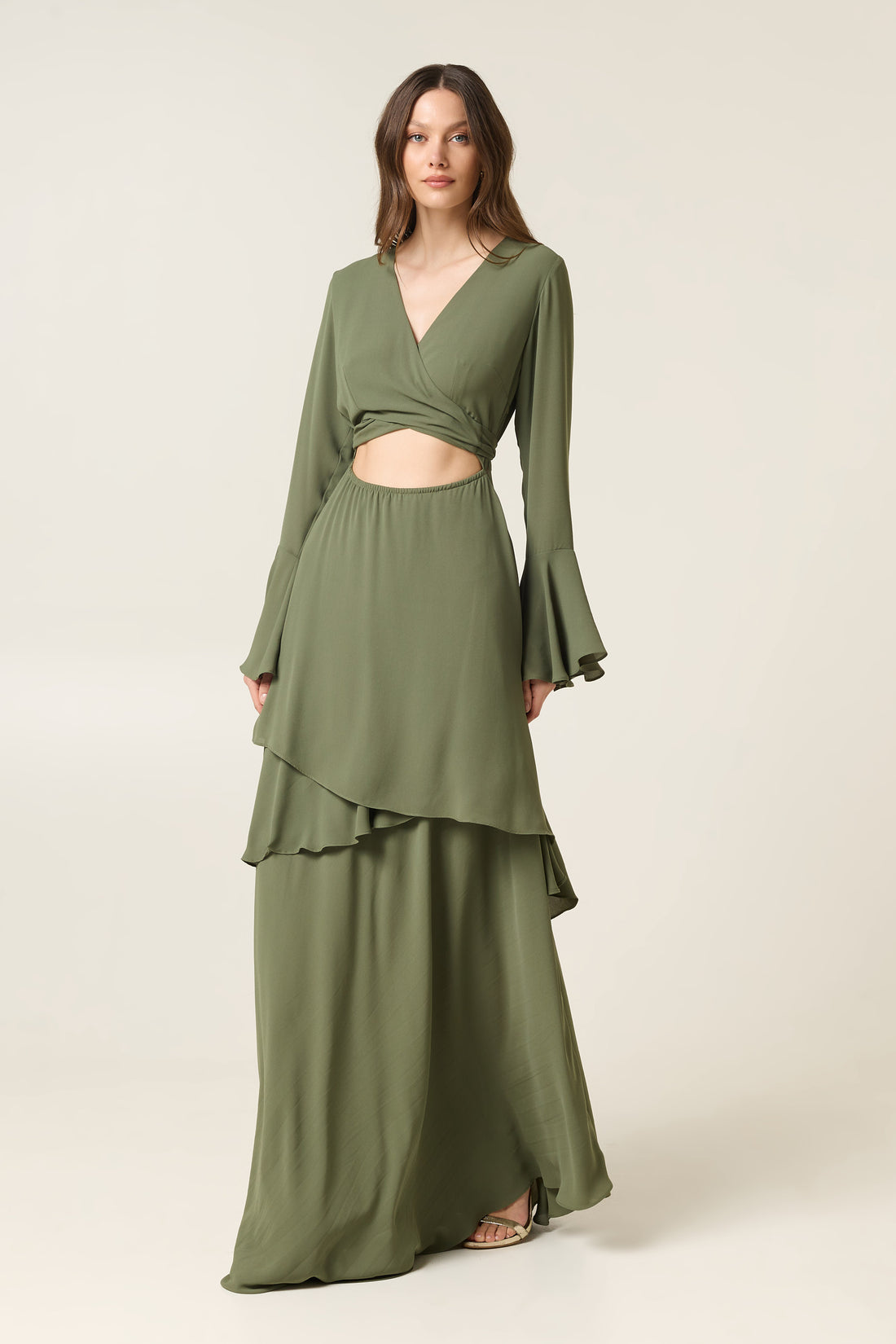 OLIVE MAXI DRESS WITH RUFFLES
