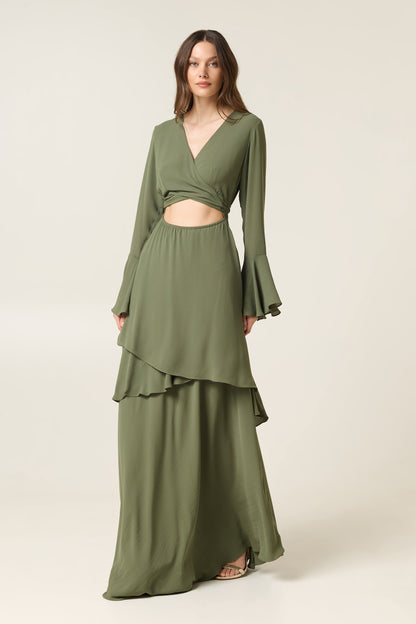 OLIVE MAXI DRESS WITH RUFFLES