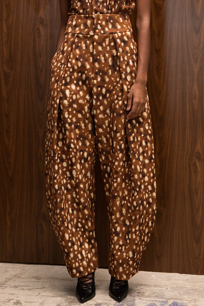 CARAMEL BAMBI PRINT BARREL LEG PANTS