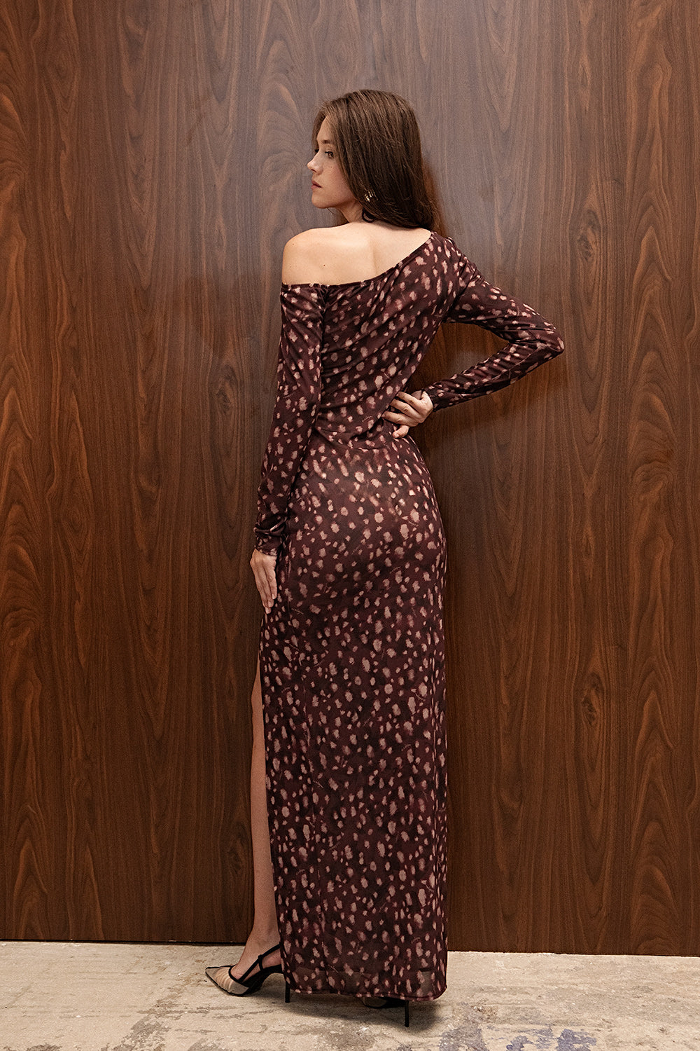 BURGUNDY BAMBI PRINT RUCHED ONE SHOULDER MAXI DRESS