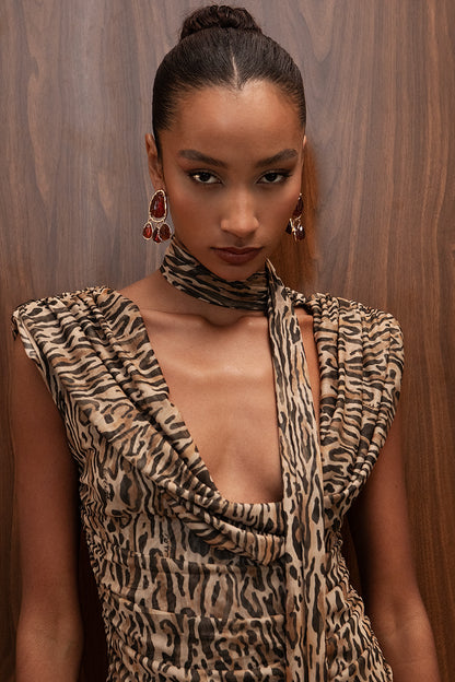 SAVANAH ANIMAL PRINT MESH RUCHED MINI DRESS