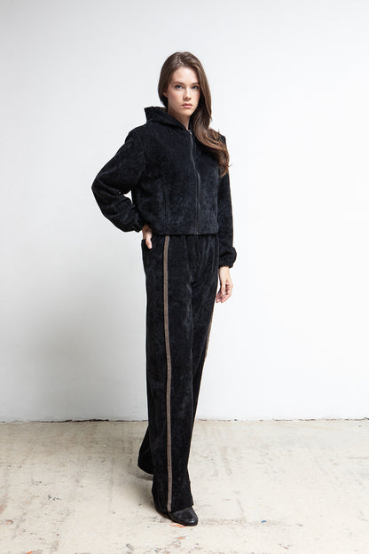 BLACK VELOUR WIDE LEG PANTS