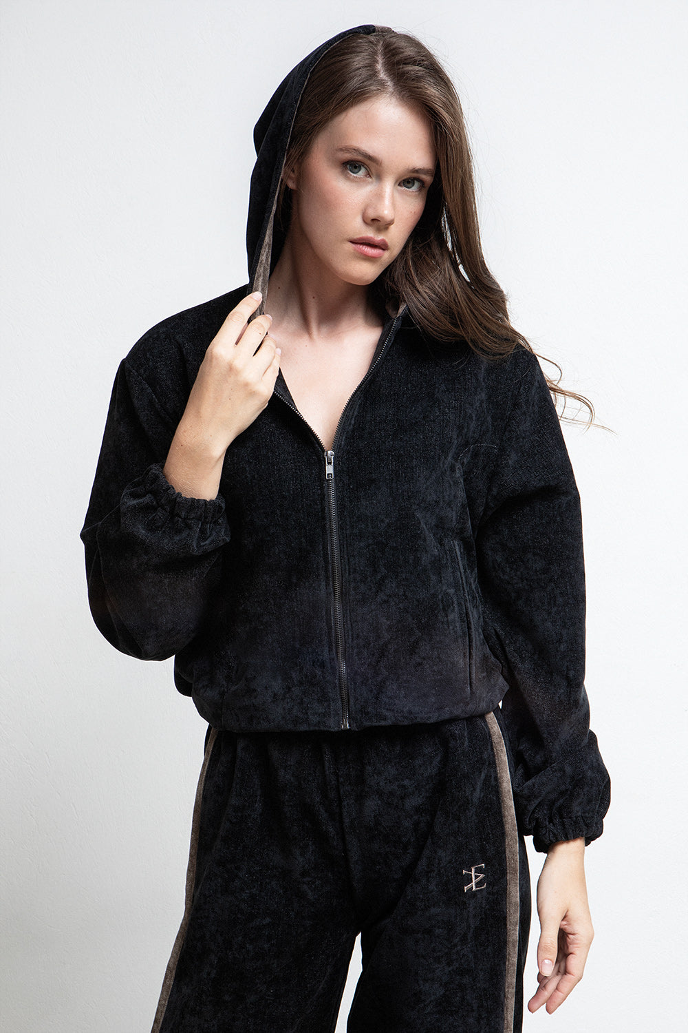 BLACK VELOUR ZIP UP HOODED JACKET