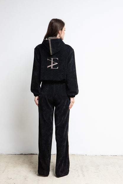 BLACK VELOUR WIDE LEG PANTS