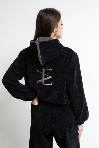 BLACK VELOUR ZIP UP HOODED JACKET