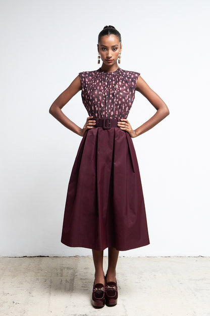 CARMILLA BURGUNDY BELTED A LINE MIDI SKIRT