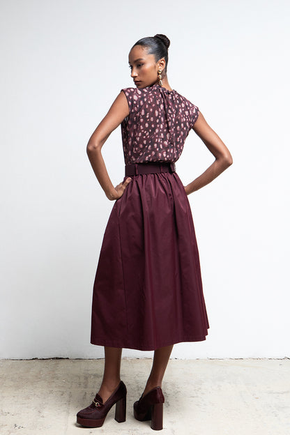 CARMILLA BURGUNDY BELTED A LINE MIDI SKIRT