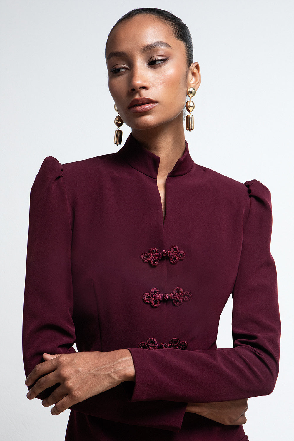 AMARANTE BURGUNDY MANDARIN COLLAR MINI DRESS