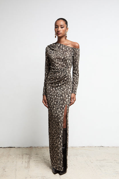 CHAKI BAMBI PRINT RUCHED ONE SHOULDER