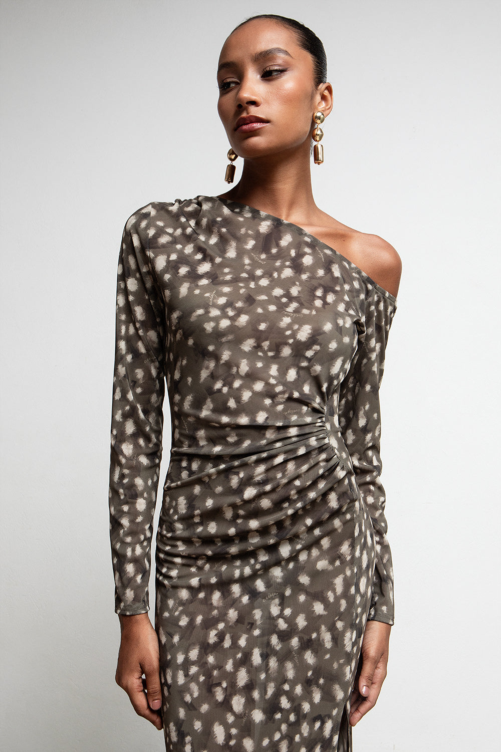 CHAKI BAMBI PRINT RUCHED ONE SHOULDER