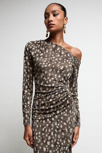 CHAKI BAMBI PRINT RUCHED ONE SHOULDER