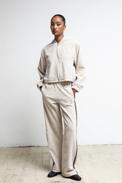 IVORY VELOUR ZIP UP HOODED JACKET