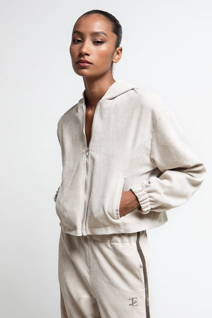 IVORY VELOUR ZIP UP HOODED JACKET