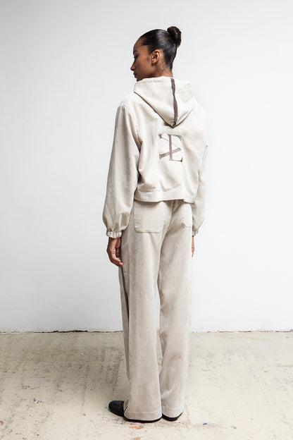 IVORY VELOUR ZIP UP HOODED JACKET