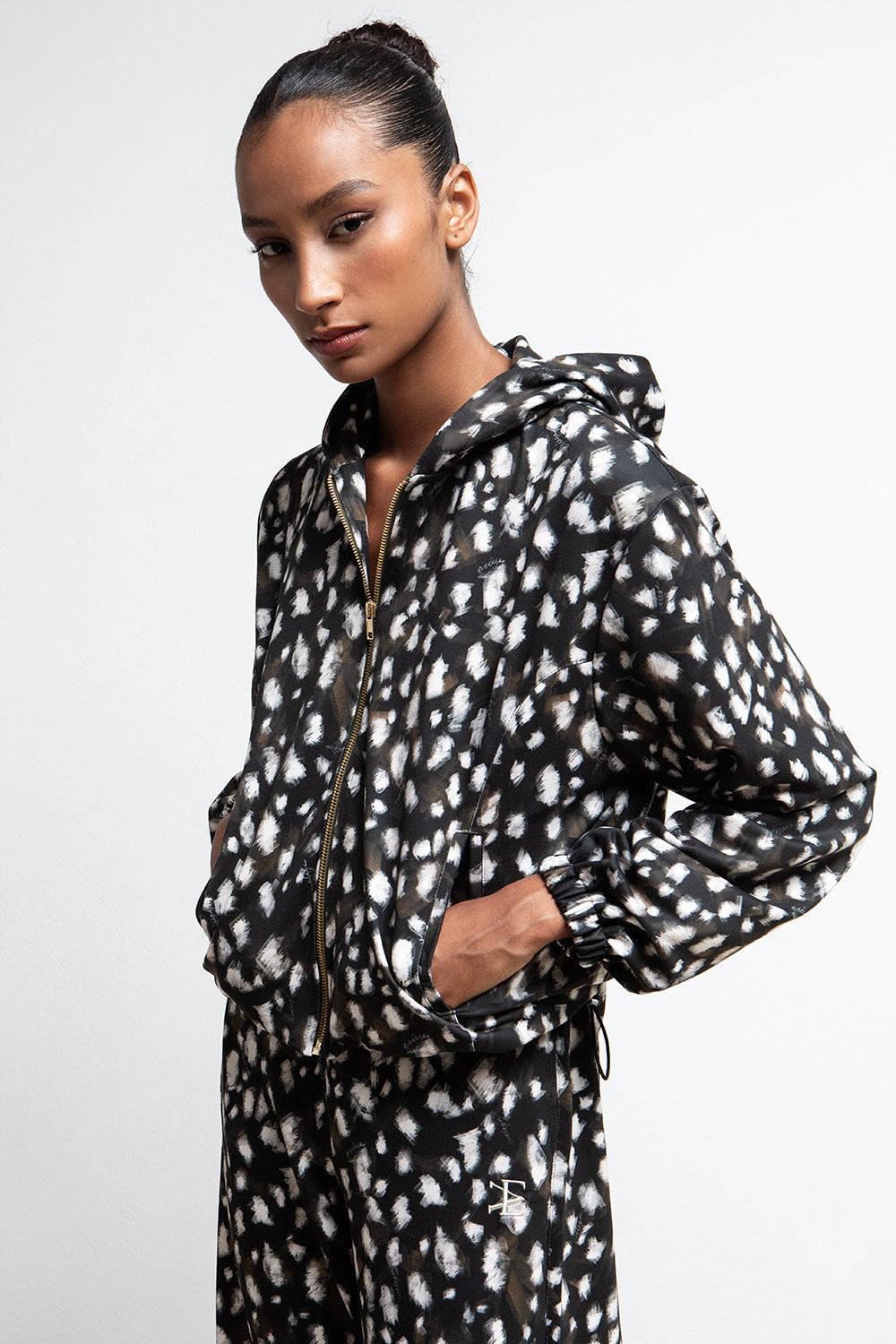 BLACK BAMBI PRINT ZIP UP HOODED JACKET