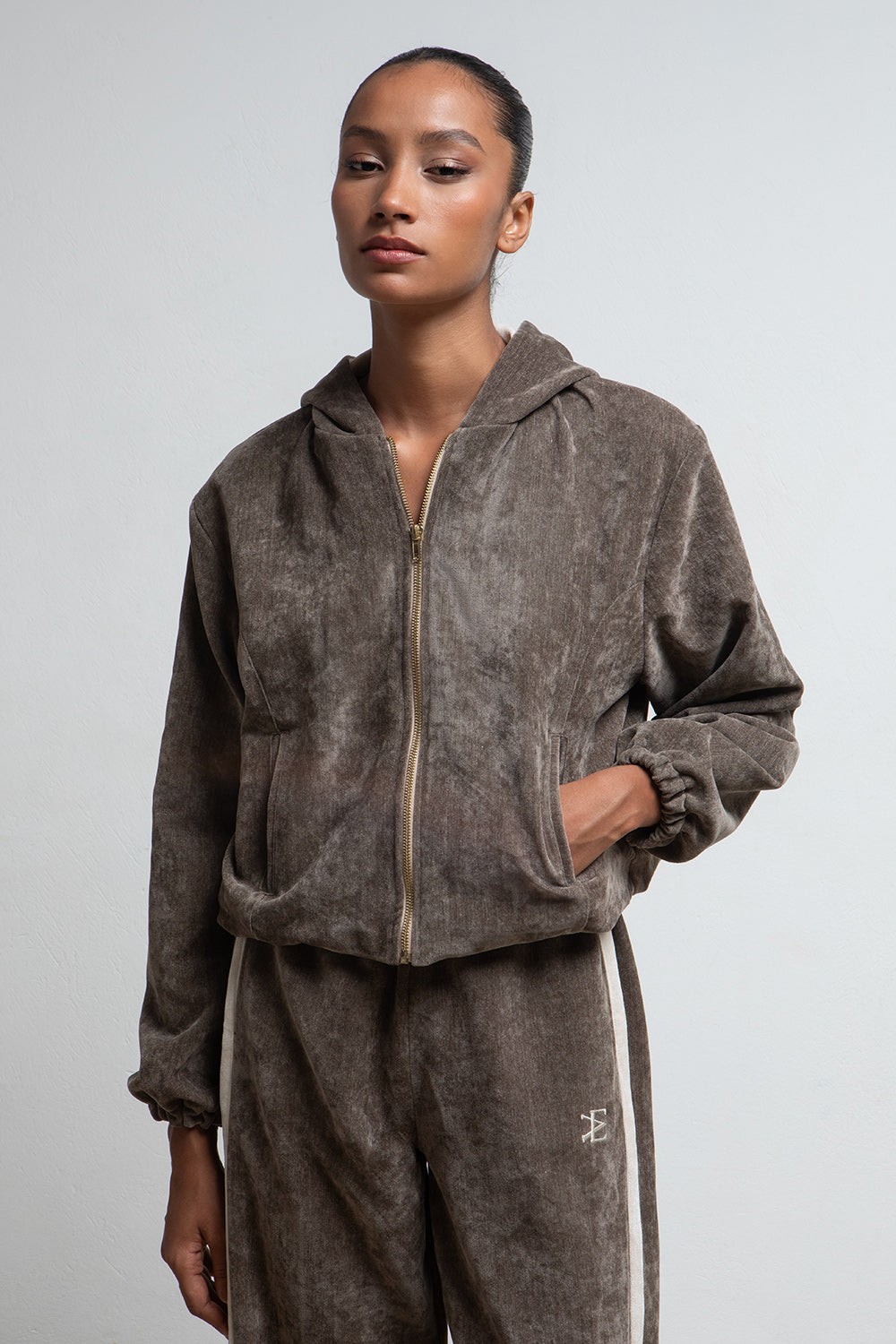TAUPE VELVET ZIP UP HOODED JACKET