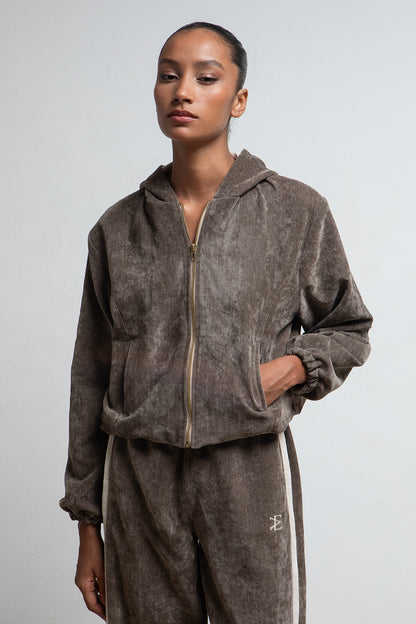 TAUPE VELVET ZIP UP HOODED JACKET