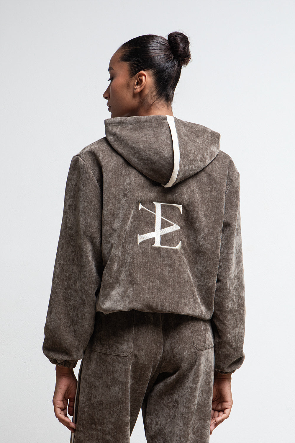 TAUPE VELVET ZIP UP HOODED JACKET