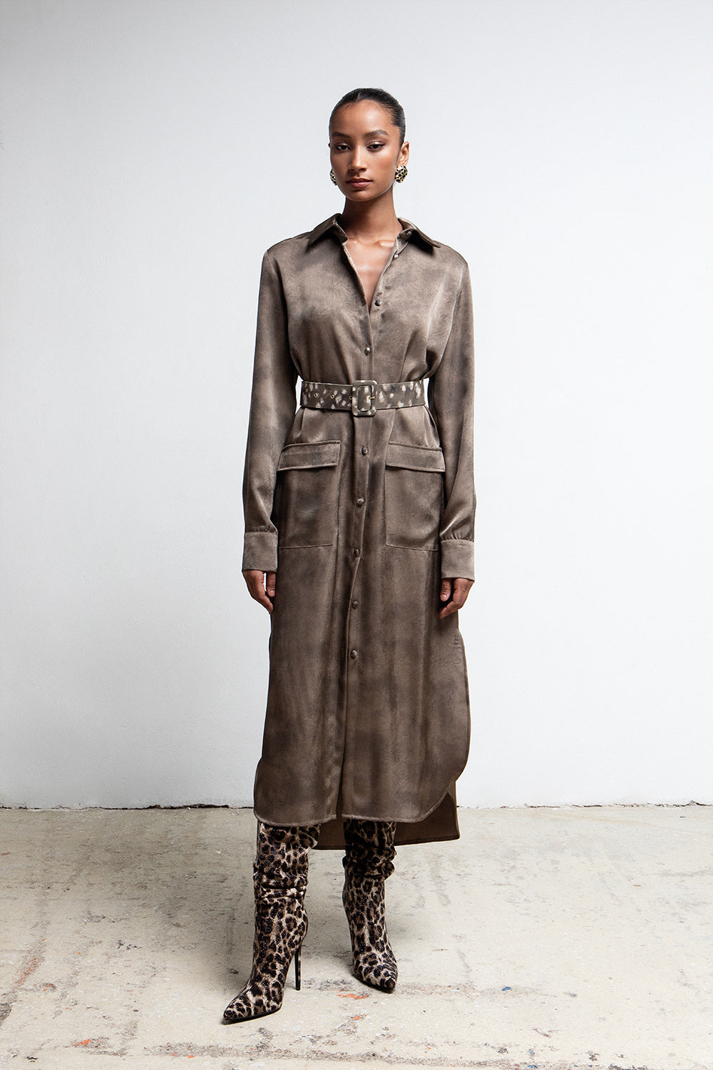 TAUPE BELTED UTILITY SHIRTDRESS