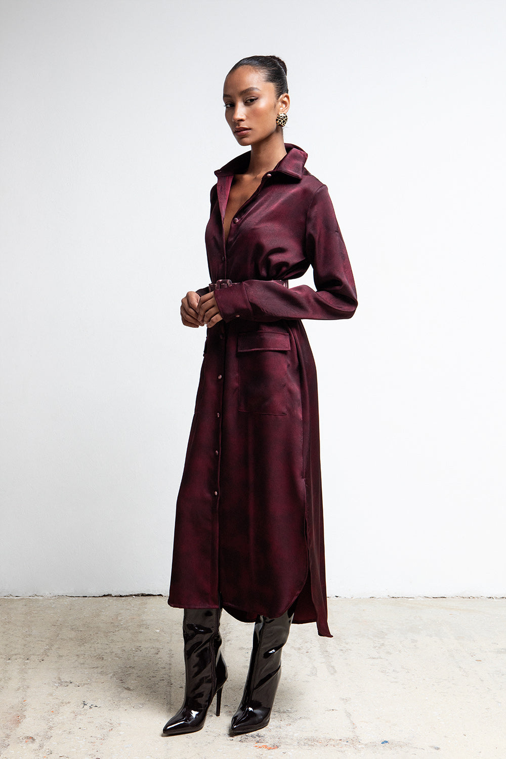 VESPER BURGUNDY BELTED UTILITY SHIRTDRESS