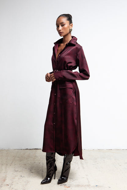 VESPER BURGUNDY BELTED UTILITY SHIRTDRESS
