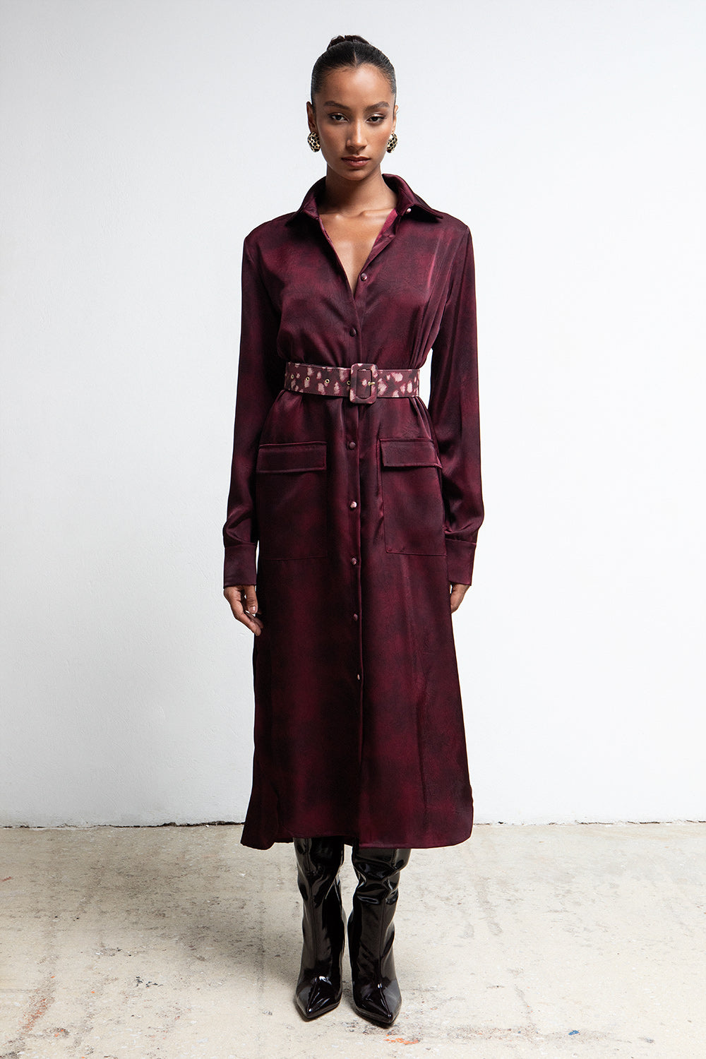 VESPER BURGUNDY BELTED UTILITY SHIRTDRESS