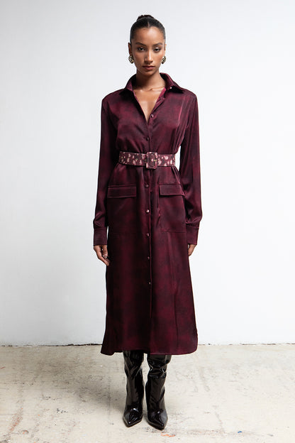 VESPER BURGUNDY BELTED UTILITY SHIRTDRESS