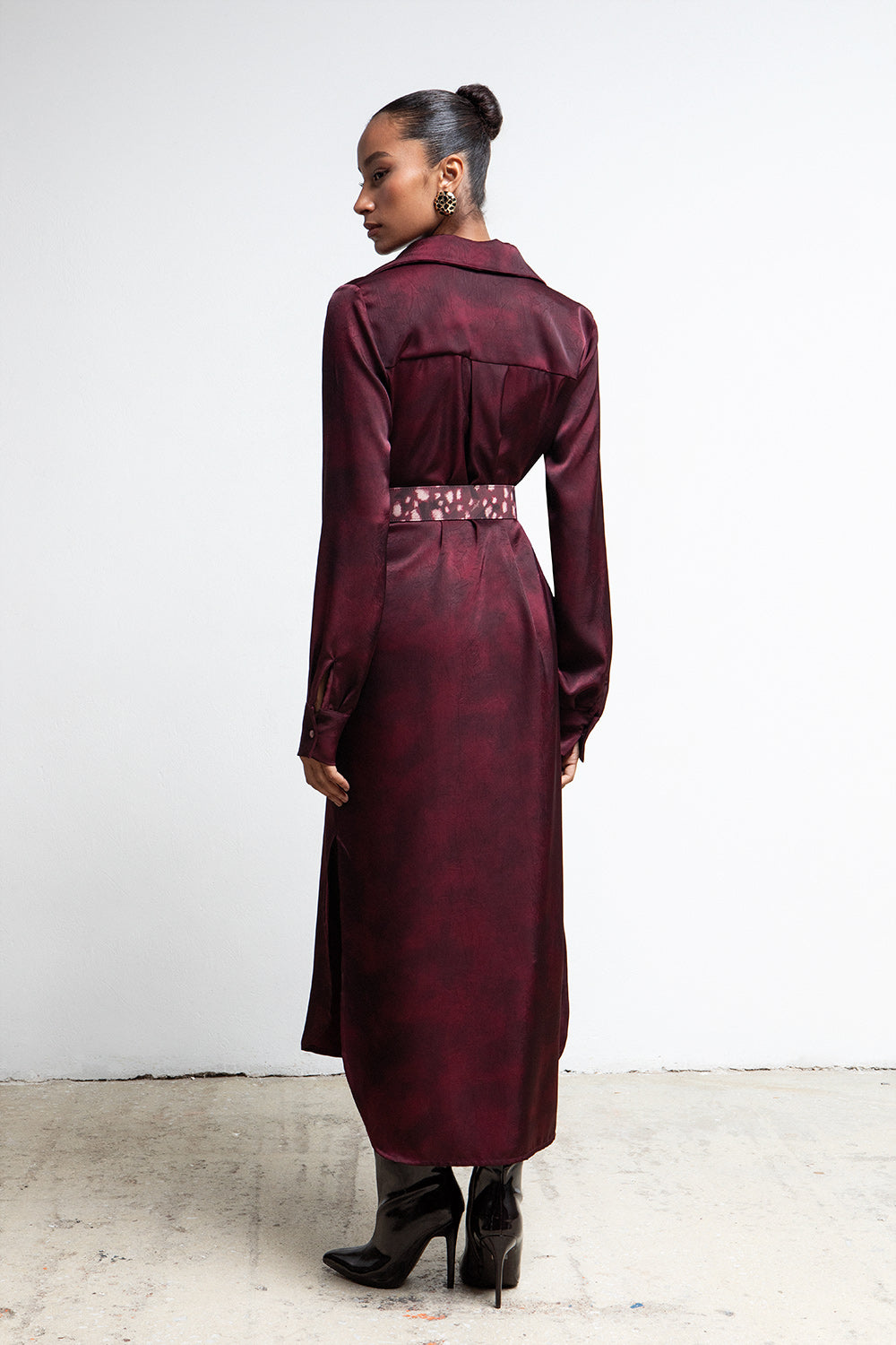 VESPER BURGUNDY BELTED UTILITY SHIRTDRESS