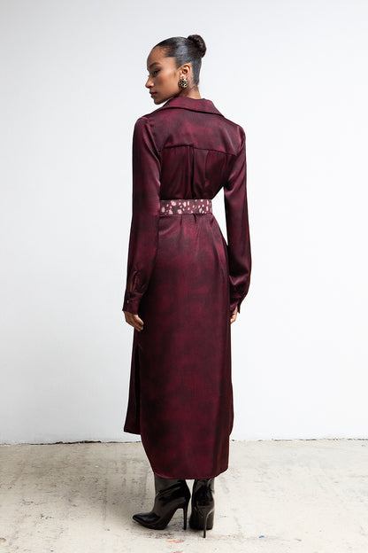 VESPER BURGUNDY BELTED UTILITY SHIRTDRESS