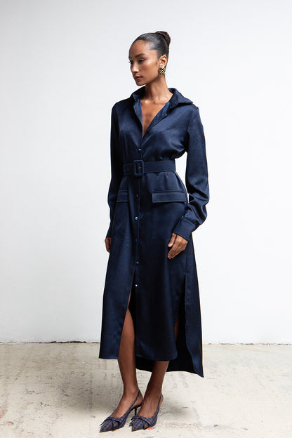 RICH NAVY BELTED UTILITY SHIRTDRESS