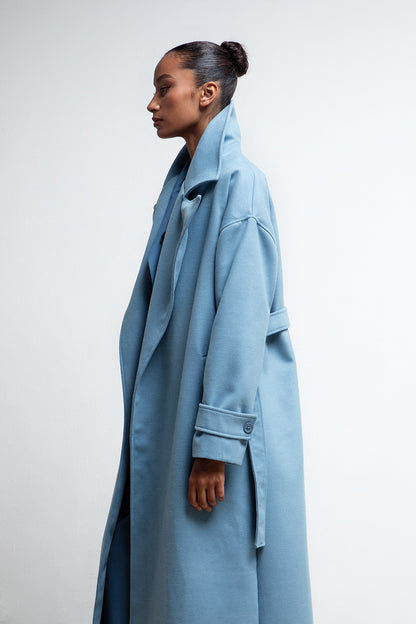 POWDER BLUE BELTED MAXI COAT