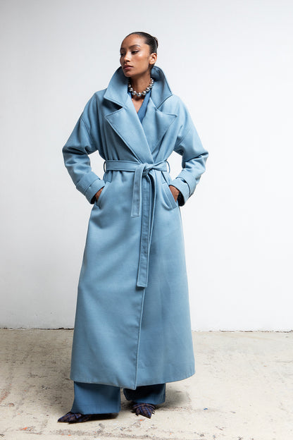 POWDER BLUE BELTED MAXI COAT