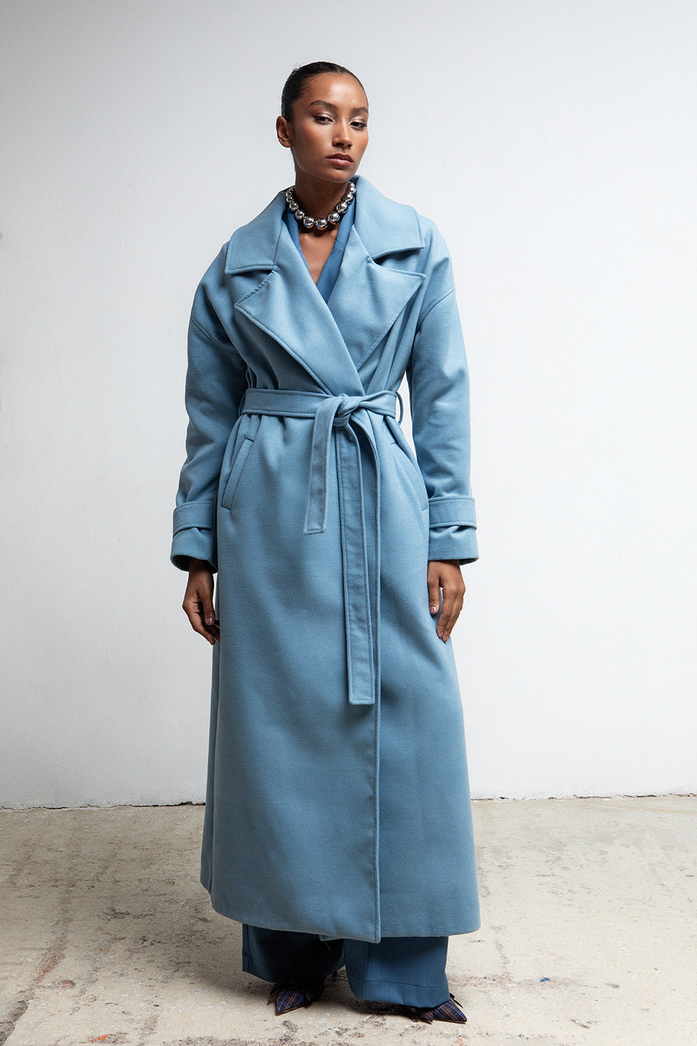 POWDER BLUE BELTED MAXI COAT