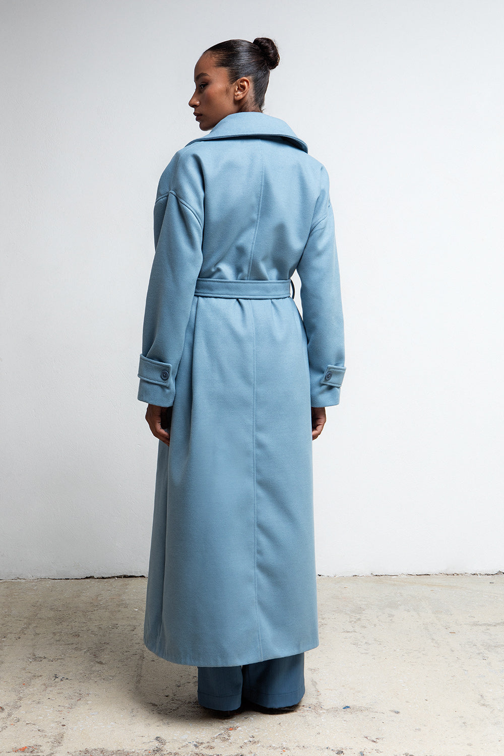 POWDER BLUE BELTED MAXI COAT