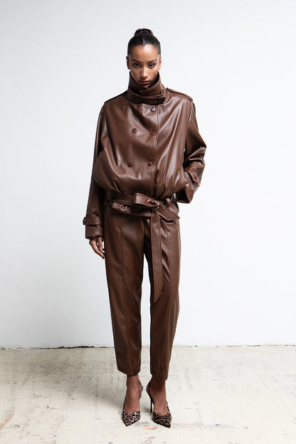CHOCOLATE BROWN FAUX LEATHER BELTED JACKET