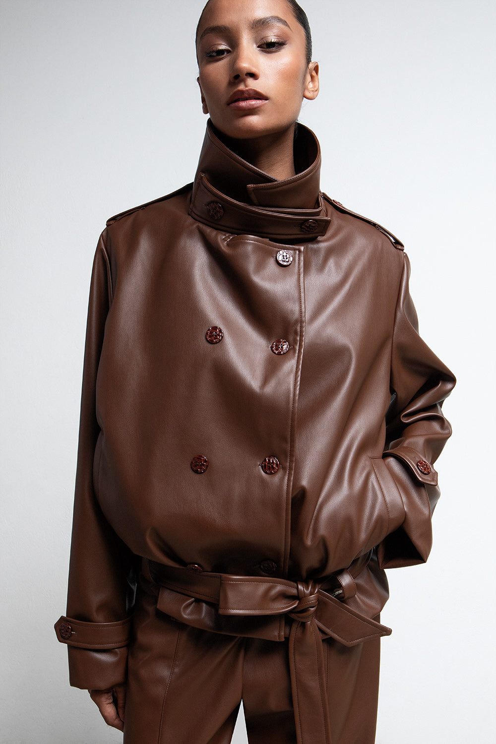 CHOCOLATE BROWN FAUX LEATHER BELTED JACKET