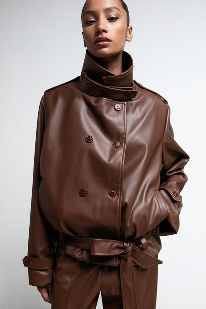 CHOCOLATE BROWN FAUX LEATHER BELTED JACKET