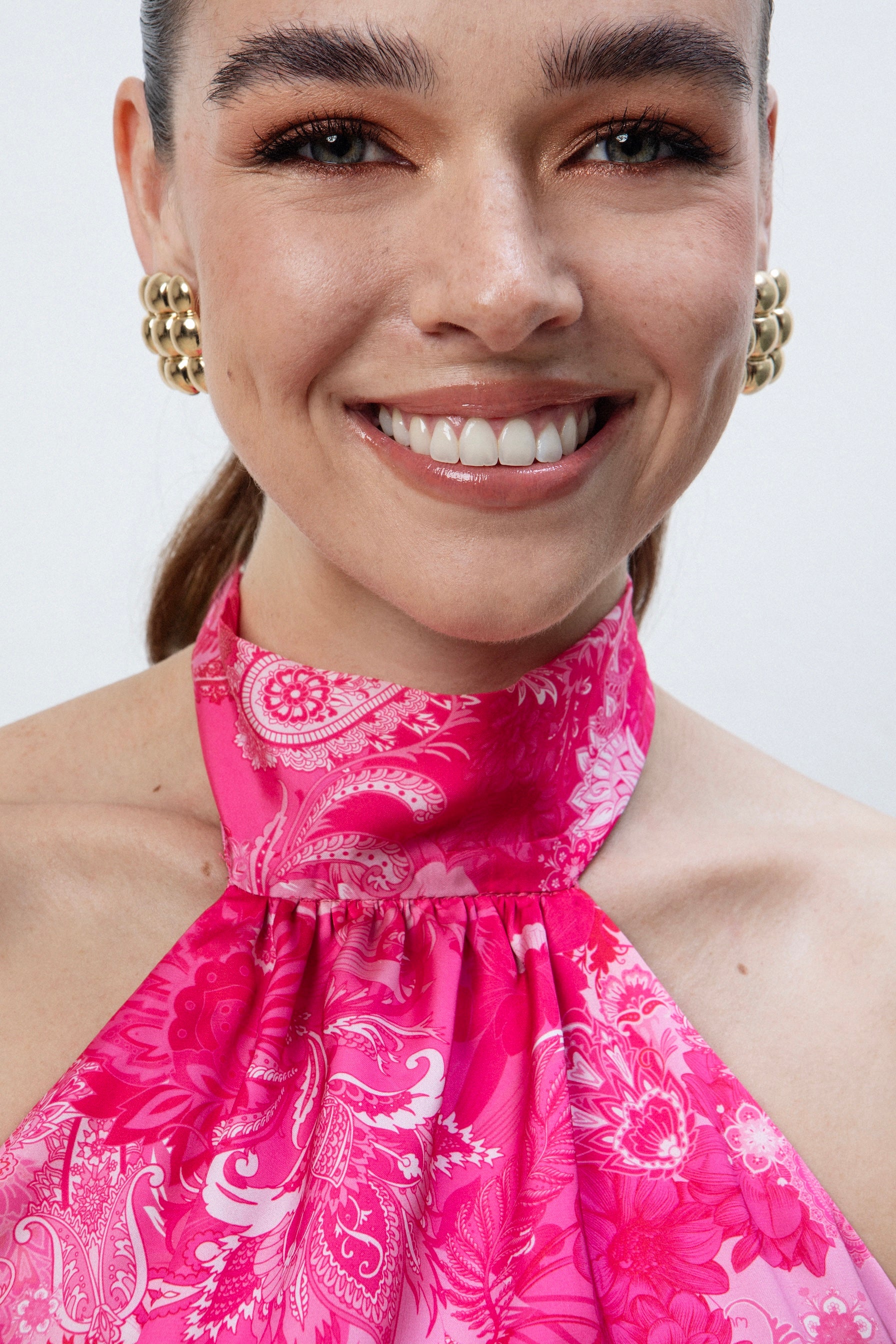 FUCHSIA PAISLEY MINI SATIN HALTER NECK DRESS