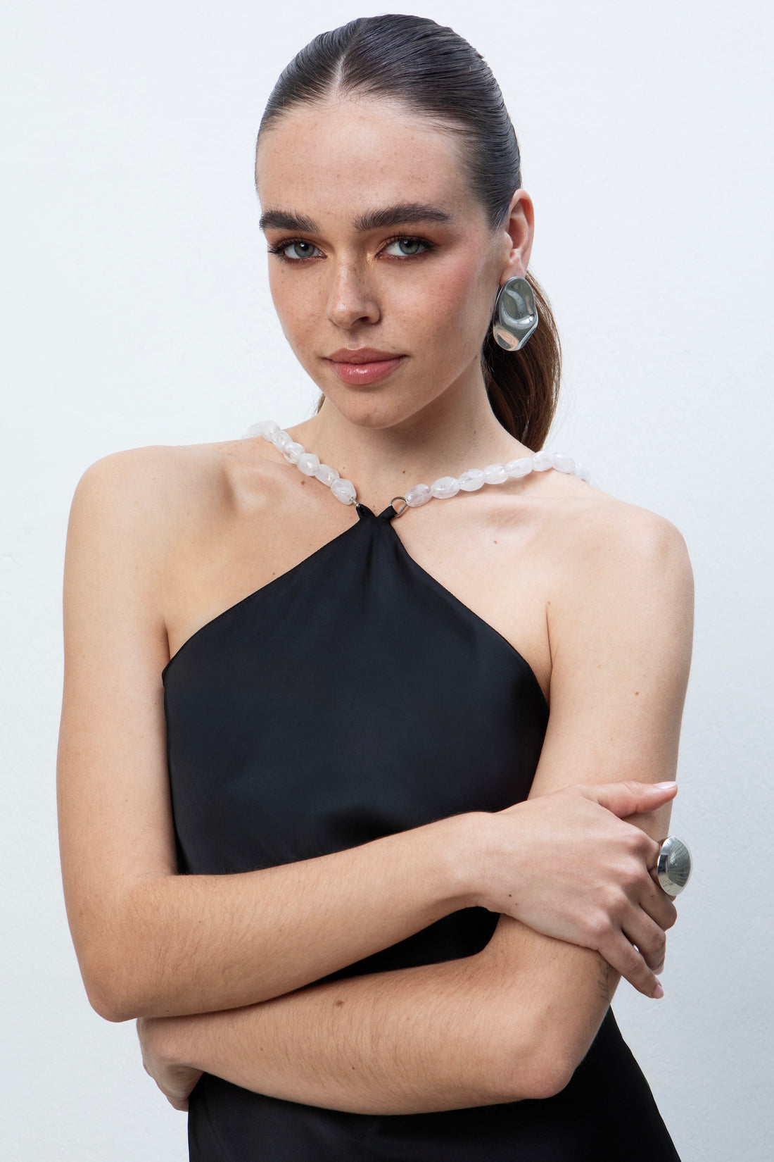 CELINE MAXI SATIN DRESS WITH BEADS