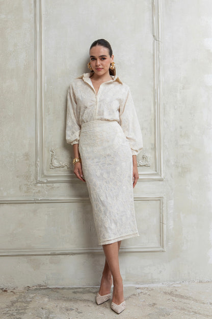IVORY MIDI SKIRT WITH RAISED EMBROIDERED FLOWERS AND GOLD DETAILS